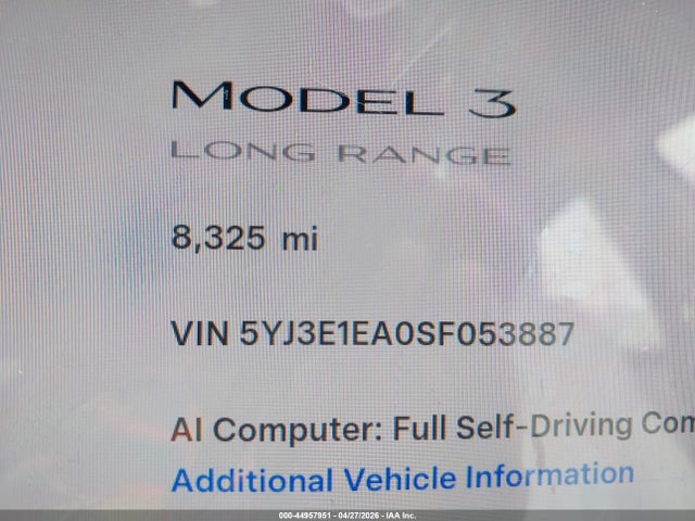 Auction sale of the 2025 Tesla Model 3 Long Range Rear-wheel Drive/standard Rear-wheel Drive, vin: 5YJ3E1EA0SF053887, lot number: 44957951
