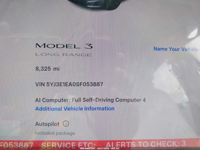 Auction sale of the 2025 Tesla Model 3 Long Range Rear-wheel Drive/standard Rear-wheel Drive, vin: 5YJ3E1EA0SF053887, lot number: 44957951