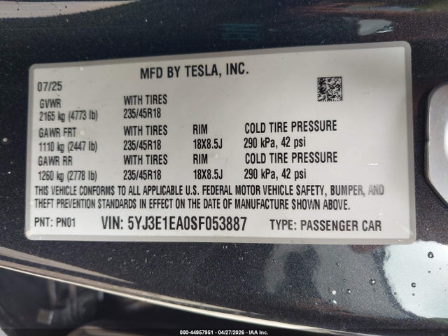 Auction sale of the 2025 Tesla Model 3 Long Range Rear-wheel Drive/standard Rear-wheel Drive, vin: 5YJ3E1EA0SF053887, lot number: 44957951