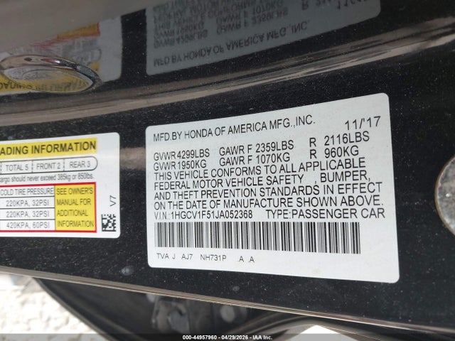 Aukcja sprzedaży 2018 Honda Accord Ex-l, vin: 1HGCV1F51JA052368, numer aukcji: 44957960