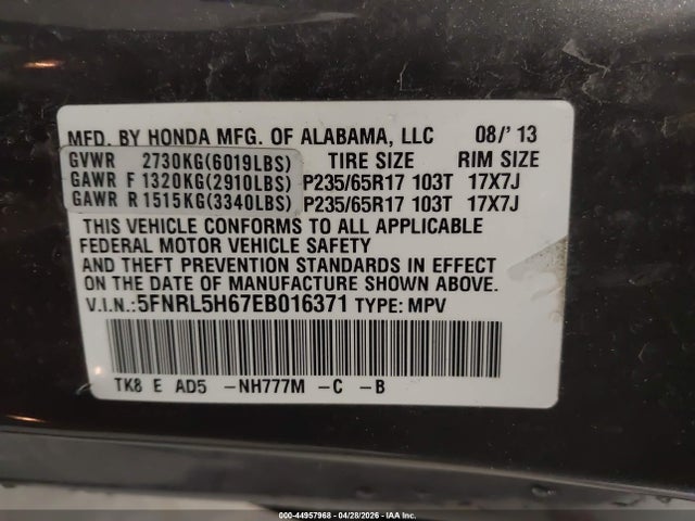 Продажа на аукционе авто 2014 Honda Odyssey Ex-l, vin: 5FNRL5H67EB016371, номер лота: 44957968