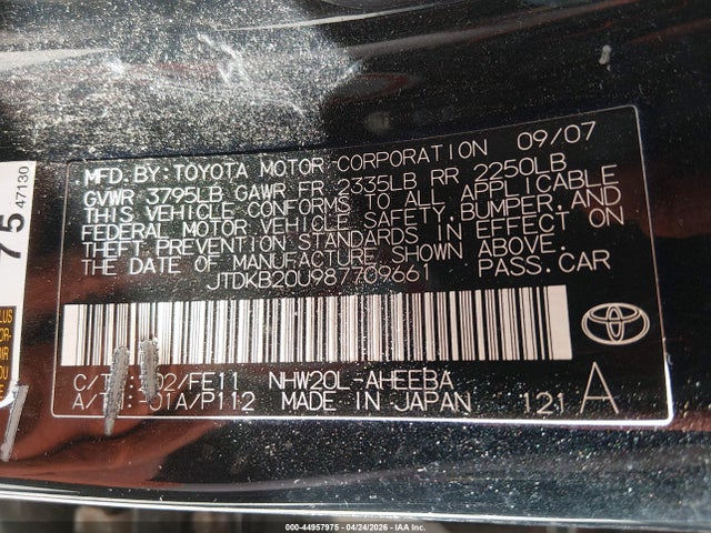 44957975 :رقم المزاد ، JTDKB20U987709661 vin ، 2008 Toyota Prius مزاد بيع