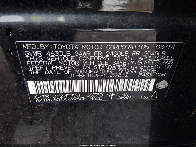 44957979 :رقم المزاد ، JTHBF1D28E5032812 vin ، 2014 Lexus Is 250 مزاد بيع