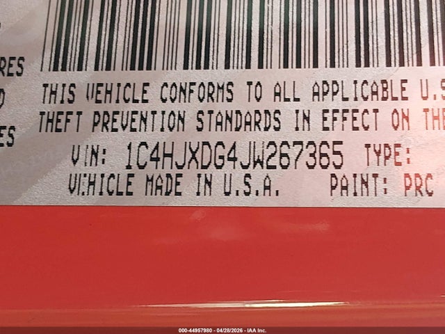 44957980 :رقم المزاد ، 1C4HJXDG4JW267365 vin ، 2018 Jeep Wrangler Unlimited Sport 4x4 مزاد بيع
