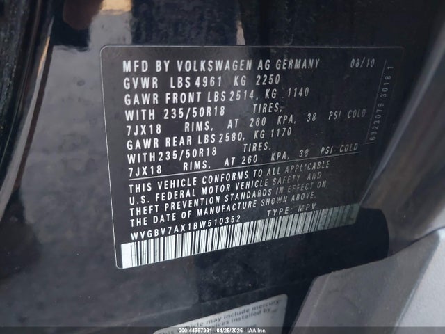 Продаж на аукціоні авто 2011 Volkswagen Tiguan Sel, vin: WVGBV7AX1BW510352, номер лоту: 44957991