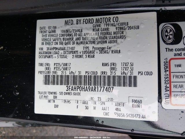 44958001 :رقم المزاد ، 3FAHP0HA9AR177407 vin ، 2010 Ford Fusion Se مزاد بيع