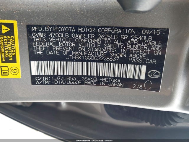 44958004 :رقم المزاد ، JTHBK1GG0G2228637 vin ، 2016 Lexus Es 350 مزاد بيع