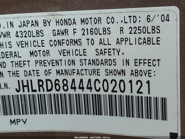 44958023 :رقم المزاد ، JHLRD68444C020121 vin ، 2004 Honda Cr-v Lx مزاد بيع