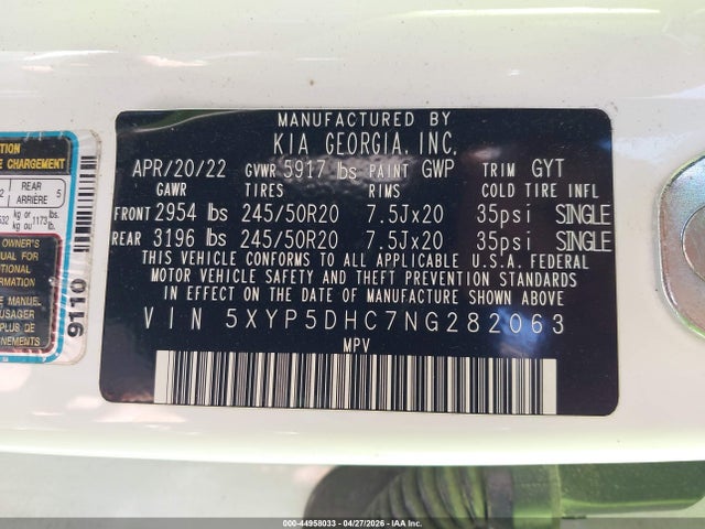2022 Kia Telluride Sx მანქანა იყიდება აუქციონზე, vin: 5XYP5DHC7NG282063, აუქციონის ნომერი: 44958033