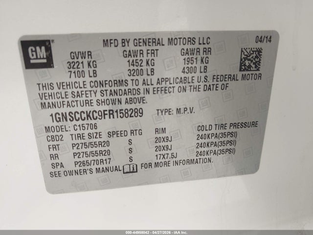 Aukcja sprzedaży 2015 Chevrolet Tahoe Ltz, vin: 1GNSCCKC9FR158289, numer aukcji: 44958042