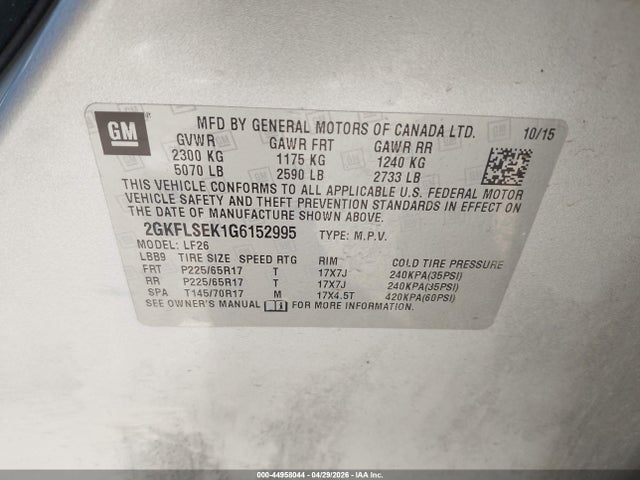 Продажа на аукционе авто 2016 Gmc Terrain Sle-1, vin: 2GKFLSEK1G6152995, номер лота: 44958044