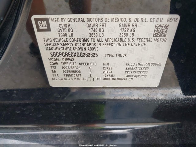 Aukcja sprzedaży 2016 Chevrolet Silverado 1500 1lt, vin: 3GCPCRECXGG363635, numer aukcji: 44958047