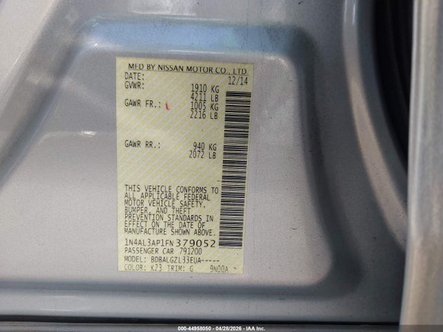 44958050 :رقم المزاد ، 1N4AL3AP1FN379052 vin ، 2015 Nissan Altima 2.5/2.5 S/2.5 Sl/2.5 Sv مزاد بيع