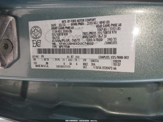 Продажа на аукционе авто 2013 Ford Escape Sel, vin: 1FMCU9H9XDUC74602, номер лота: 44958052