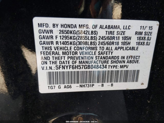 5FNYF6H57GB048434 Honda Pilot Ex-l