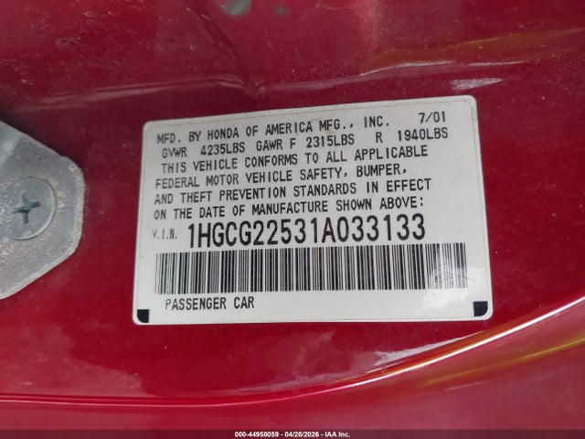 Продаж на аукціоні авто 2001 Honda Accord 3.0 Ex, vin: 1HGCG22531A033133, номер лоту: 44958059