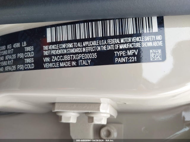 2016 Jeep Renegade Latitude მანქანა იყიდება აუქციონზე, vin: ZACCJBBTXGPE00035, აუქციონის ნომერი: 44958064
