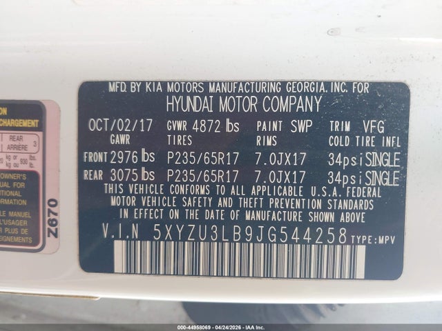44958069 :رقم المزاد ، 5XYZU3LB9JG544258 vin ، 2018 Hyundai Santa Fe Sport 2.4l مزاد بيع