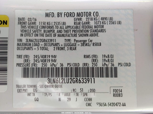 Aukcja sprzedaży 2016 Lincoln Mkz Hybrid, vin: 3LN6L2LU2GR633911, numer aukcji: 44958073