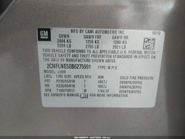44958074 :رقم المزاد ، 2CNFLNE50B6275991 vin ، 2011 Chevrolet Equinox 2lt مزاد بيع