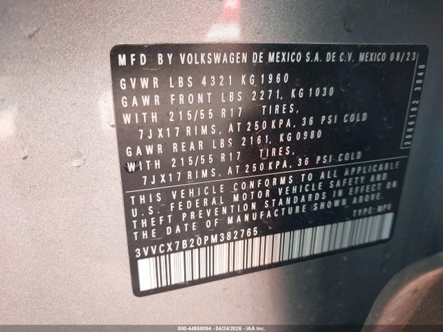Продажа на аукционе авто 2023 Volkswagen Taos 1.5t S, vin: 3VVCX7B20PM382765, номер лота: 44958094