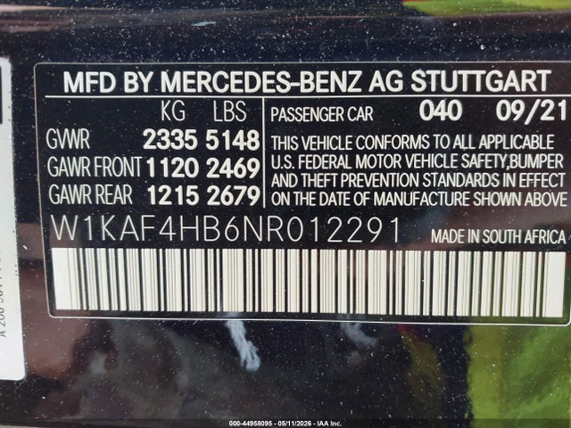 Продажа на аукционе авто 2022 Mercedes-benz C 300 4matic, vin: W1KAF4HB6NR012291, номер лота: 44958095