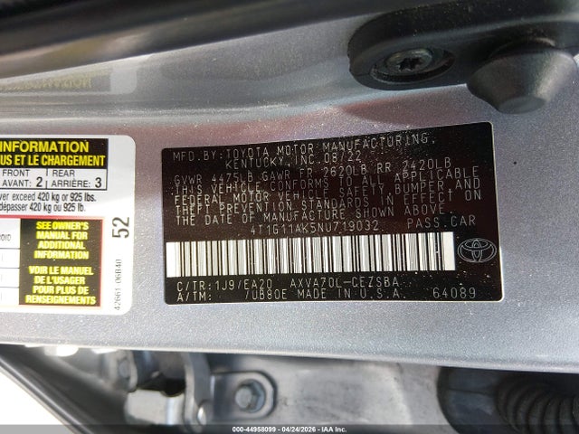 2022 Toyota Camry Se მანქანა იყიდება აუქციონზე, vin: 4T1G11AK5NU719032, აუქციონის ნომერი: 44958099