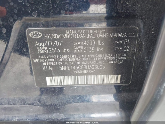 2008 Hyundai Sonata Gls მანქანა იყიდება აუქციონზე, vin: 5NPET46C88H363005, აუქციონის ნომერი: 44958102
