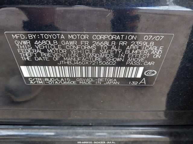 44958103 :رقم المزاد ، JTHBJ46GX72150602 vin ، 2007 Lexus Es 350 مزاد بيع