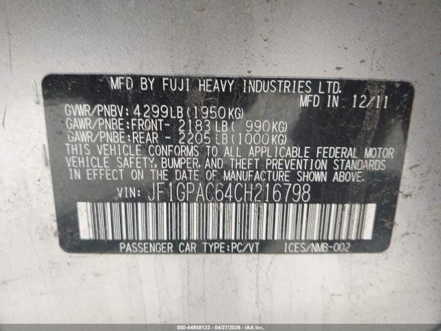 2012 Subaru Impreza 2.0i Premium მანქანა იყიდება აუქციონზე, vin: JF1GPAC64CH216798, აუქციონის ნომერი: 44958123