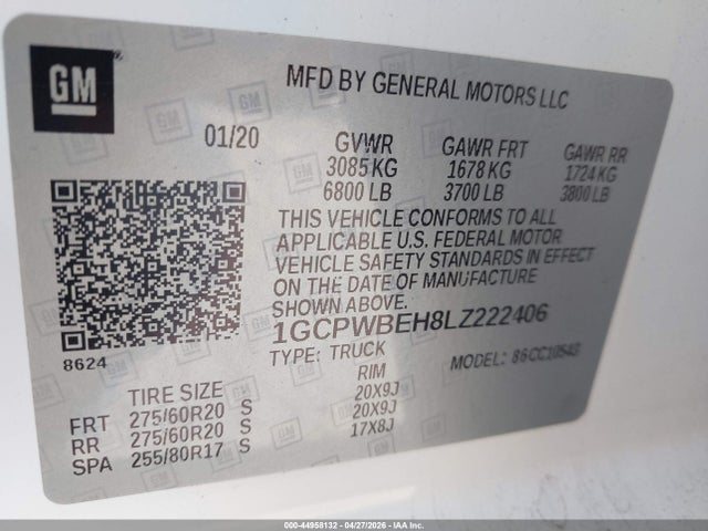 Продаж на аукціоні авто 2020 Chevrolet Silverado 1500 2wd  Short Bed Custom, vin: 1GCPWBEH8LZ222406, номер лоту: 44958132