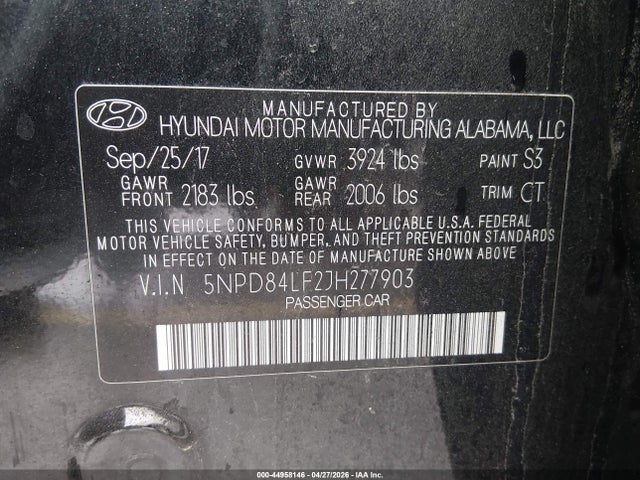 2018 Hyundai Elantra Value Edition მანქანა იყიდება აუქციონზე, vin: 5NPD84LF2JH277903, აუქციონის ნომერი: 44958146