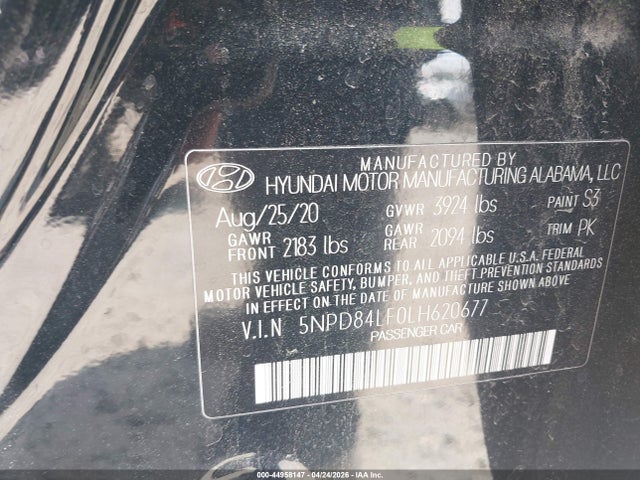 2020 Hyundai Elantra Sel მანქანა იყიდება აუქციონზე, vin: 5NPD84LF0LH620677, აუქციონის ნომერი: 44958147