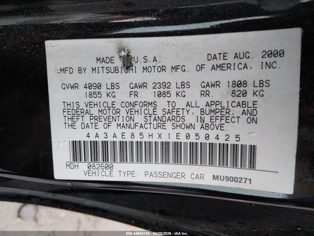 Продаж на аукціоні авто 2001 Mitsubishi Eclipse Spyder Gt, vin: 4A3AE85HX1E050425, номер лоту: 44958158