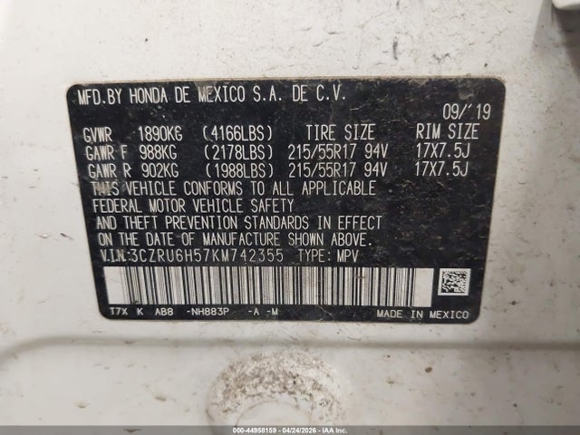 44958159 :رقم المزاد ، 3CZRU6H57KM742355 vin ، 2019 Honda Hr-v Ex مزاد بيع