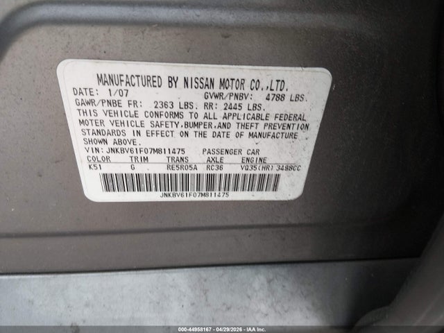 Aukcja sprzedaży 2007 Infiniti G35x, vin: JNKBV61F07M811475, numer aukcji: 44958167
