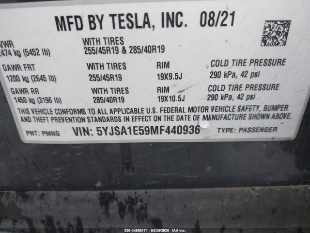 Aukcja sprzedaży 2021 Tesla Model S Long Range Dual Motor All-wheel Drive, vin: 5YJSA1E59MF440936, numer aukcji: 44958171