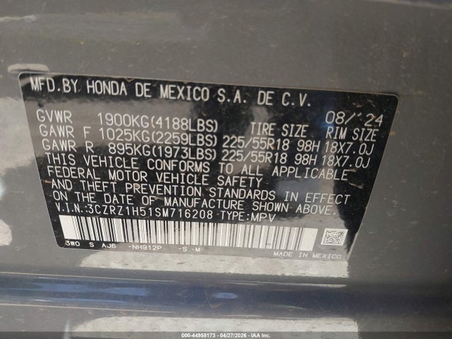 Aukcja sprzedaży 2025 Honda Hr-v 2wd Sport, vin: 3CZRZ1H51SM716208, numer aukcji: 44958173
