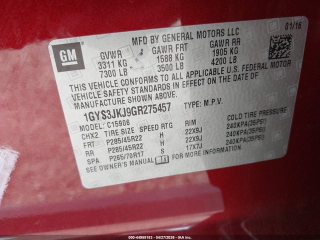 2016 Cadillac Escalade Esv Premium Collection მანქანა იყიდება აუქციონზე, vin: 1GYS3JKJ9GR275457, აუქციონის ნომერი: 44958183