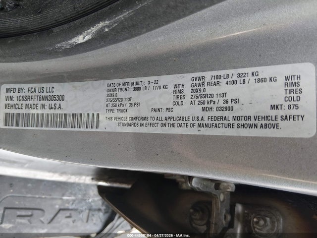44958184 :رقم المزاد ، 1C6SRFFT6NN305300 vin ، 2022 Ram 1500 Big Horn  4x4 5'7 Box مزاد بيع