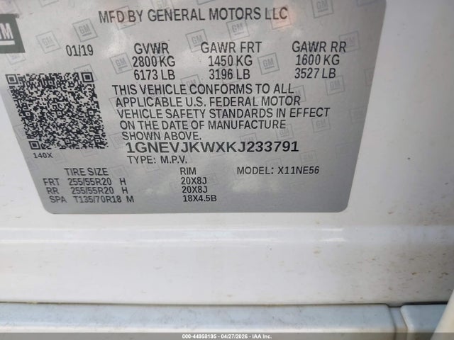 1GNEVJKWXKJ233791 Chevrolet Traverse High Country