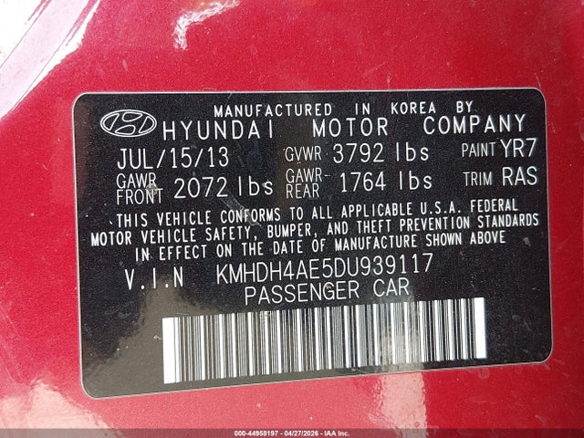44958197 :رقم المزاد ، KMHDH4AE5DU939117 vin ، 2013 Hyundai Elantra Gls مزاد بيع