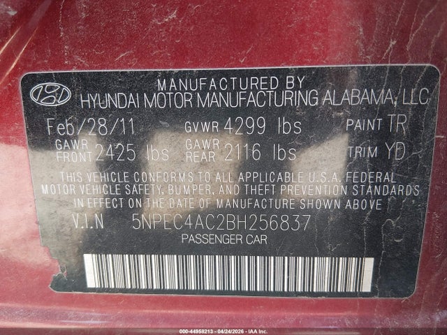 2011 Hyundai Sonata Limited მანქანა იყიდება აუქციონზე, vin: 5NPEC4AC2BH256837, აუქციონის ნომერი: 44958213
