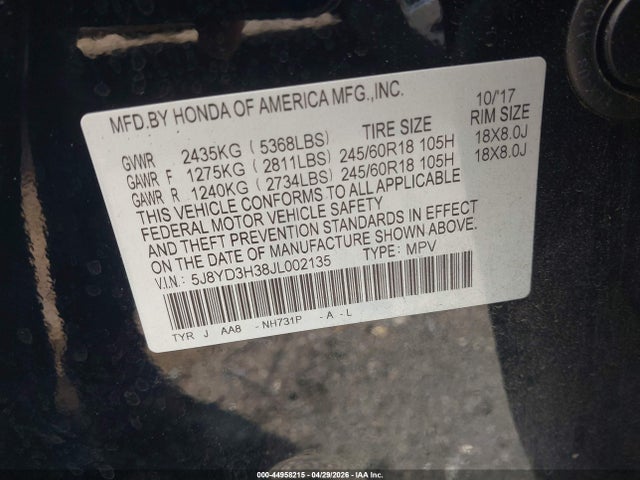 44958215 :رقم المزاد ، 5J8YD3H38JL002135 vin ، 2018 Acura Mdx مزاد بيع