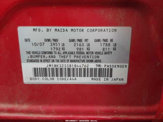 Aukcja sprzedaży 2008 Mazda Mazda3 S Sport, vin: JM1BK323381844762, numer aukcji: 44958217