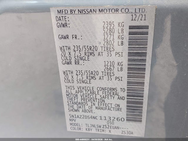 Aukcja sprzedaży 2022 Nissan Murano Platinum Intelligent Awd, vin: 5N1AZ2DS4NC113260, numer aukcji: 44958231