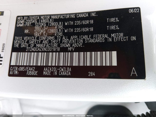 44958250 :رقم المزاد ، 2T2ADCAZXNC001818 vin ، 2022 Lexus Nx 250 مزاد بيع