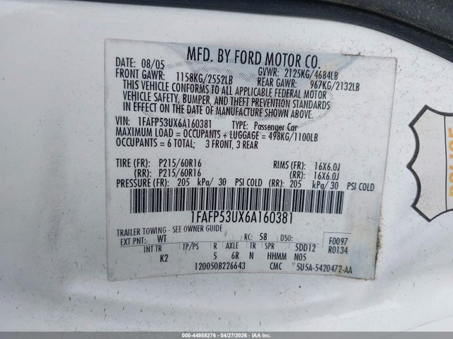 Aukcja sprzedaży 2006 Ford Taurus Se, vin: 1FAFP53UX6A160381, numer aukcji: 44958276