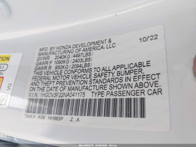 44958279 :رقم المزاد ، 1HGCV3F22NA041175 vin ، 2022 Honda Accord Hybrid Sport مزاد بيع