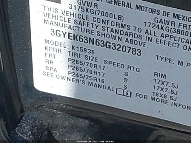 Aukcja sprzedaży 2003 Cadillac Escalade Ext Standard, vin: 3GYEK63N63G320783, numer aukcji: 44958286